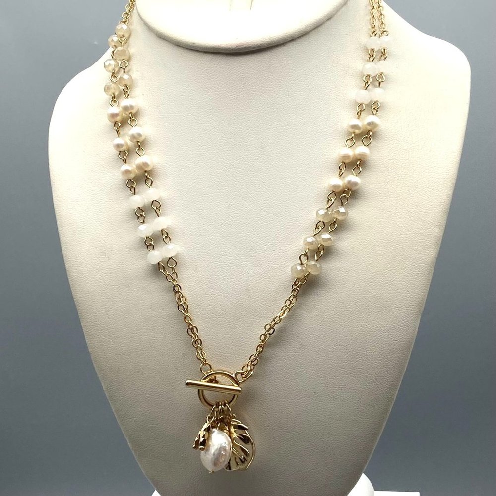 Pearl and Moonstone Double Strand Necklace with Toggle Clasp Charms, Stately